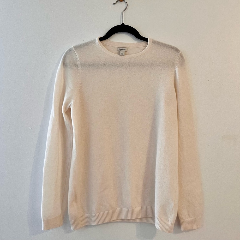 L.L. Bean Cashmere Cream Crewneck Sweater with Ribbed Cuffs
